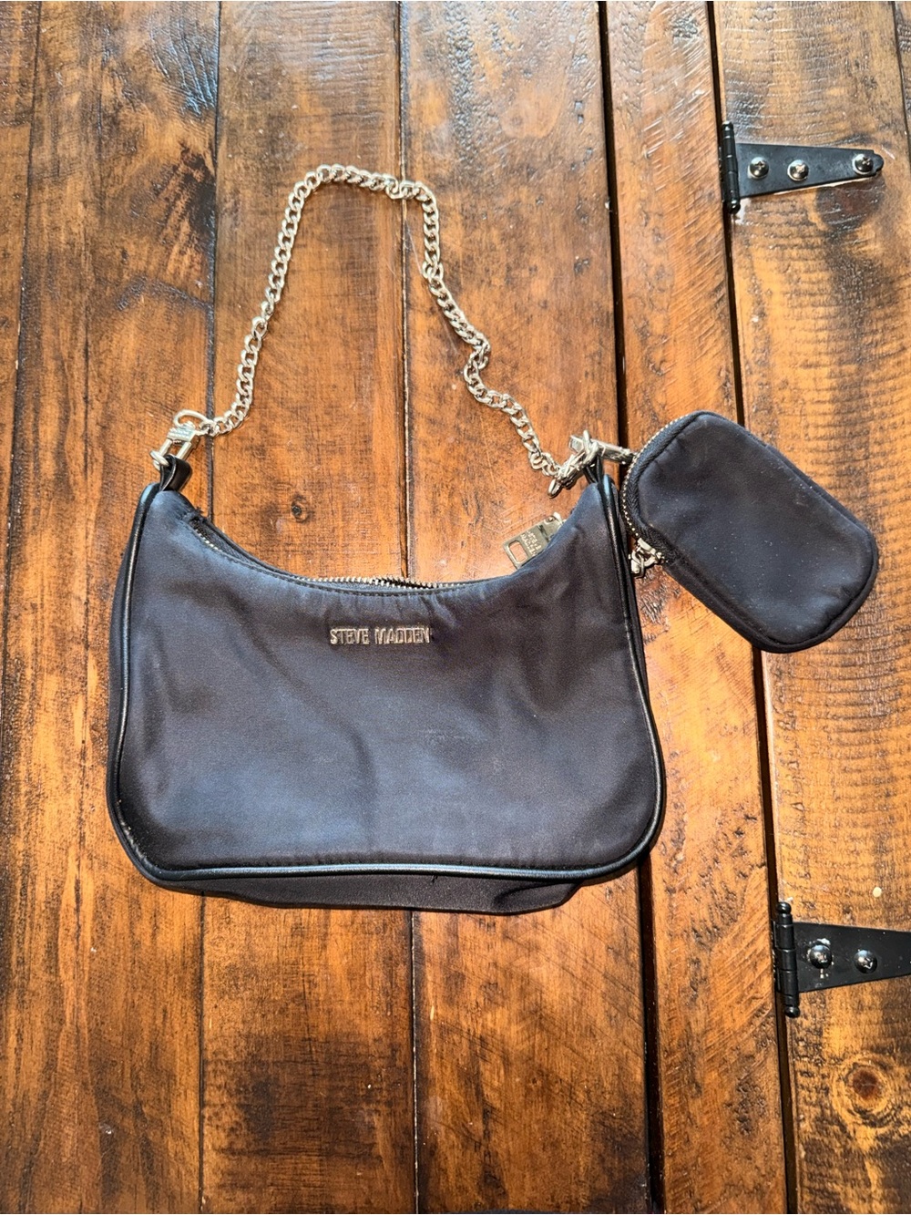 Steve Madden Black Nylon Shoulder Bag with Gold Chain Strap